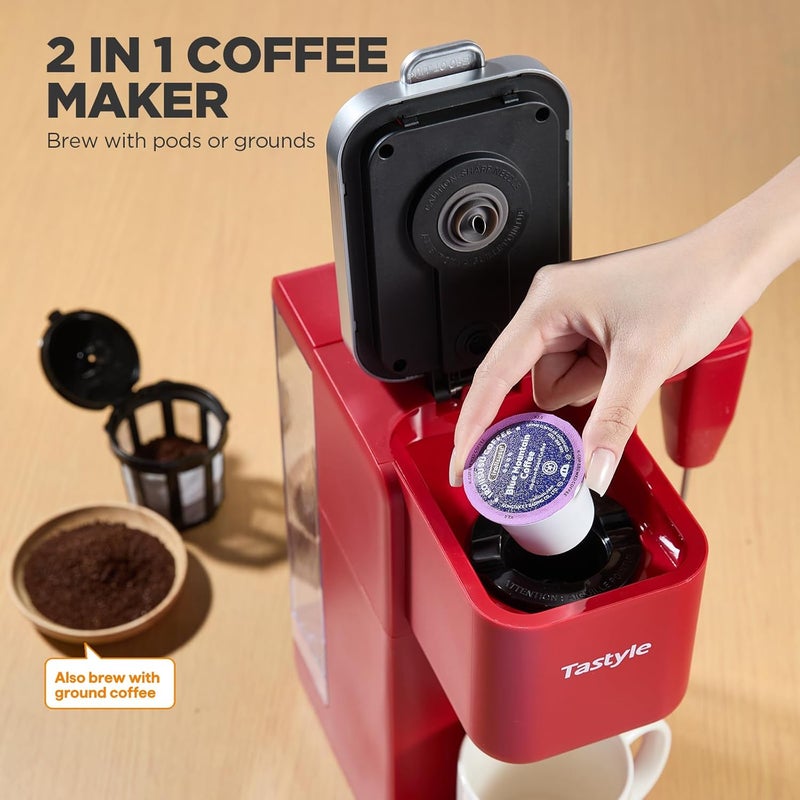 Tastyle Single Serve Coffee Maker with Built-in Detachable Milk Frother, Iced and Hot Coffee Machine for K Cup & Grounds, 40oz Removable Water Reservoir, 6 Cup Sizes, Fits 7.3" Travel Mug, Red - Image 5